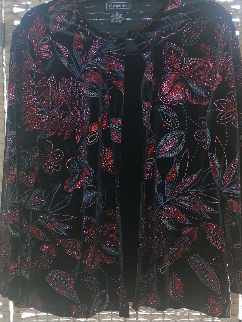 Elementz Black Velvet Jacket with Red Metallic Floral Accents XL
